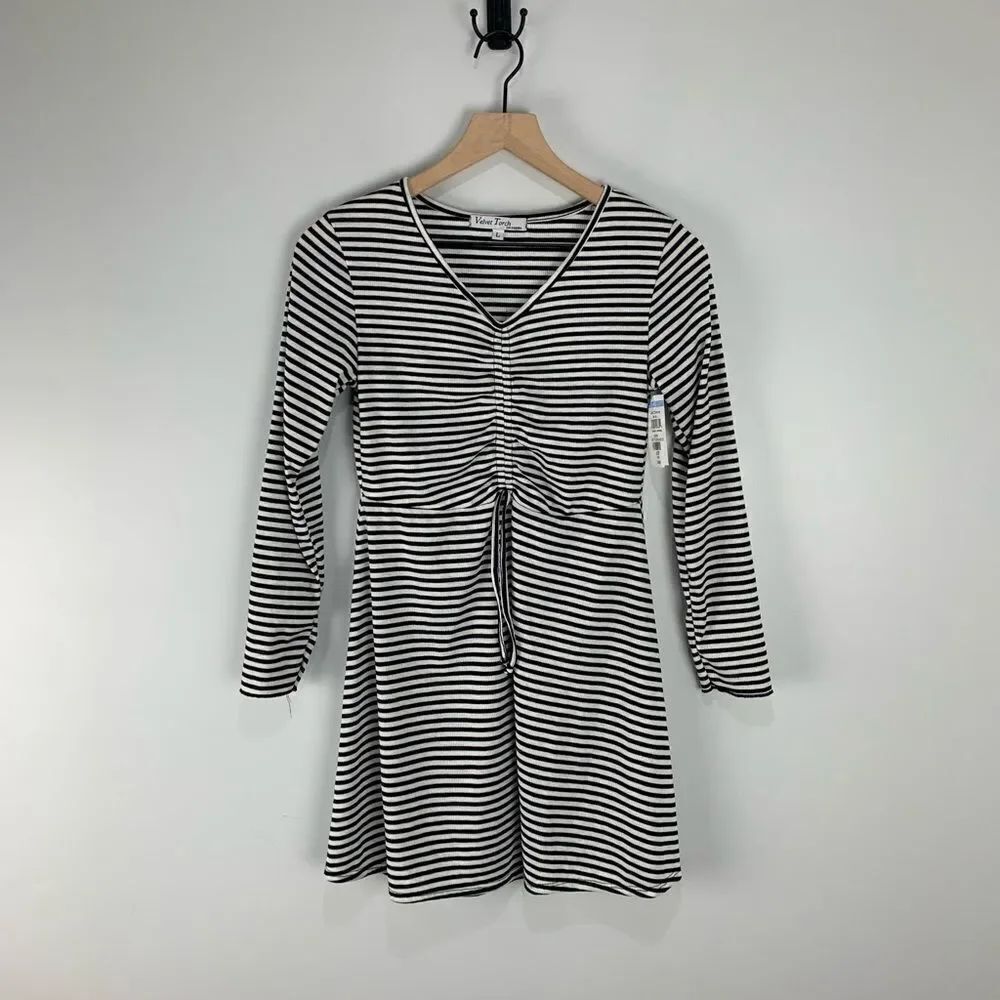 Velvet Torch Black/White Striped Long Sleeve Dress L NWT